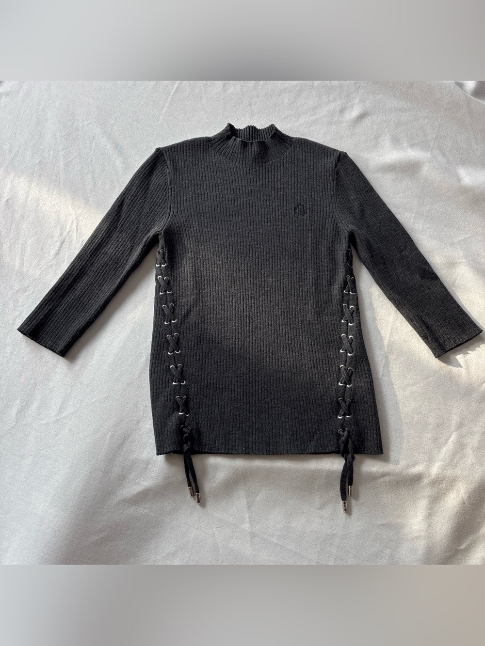 Maje Gray Lace-Up Ribbed Knit Women's Top